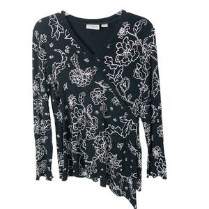 Chico's Travelers Women's Black Floral Asymmetrical Blouse Size 1 (8)Medium